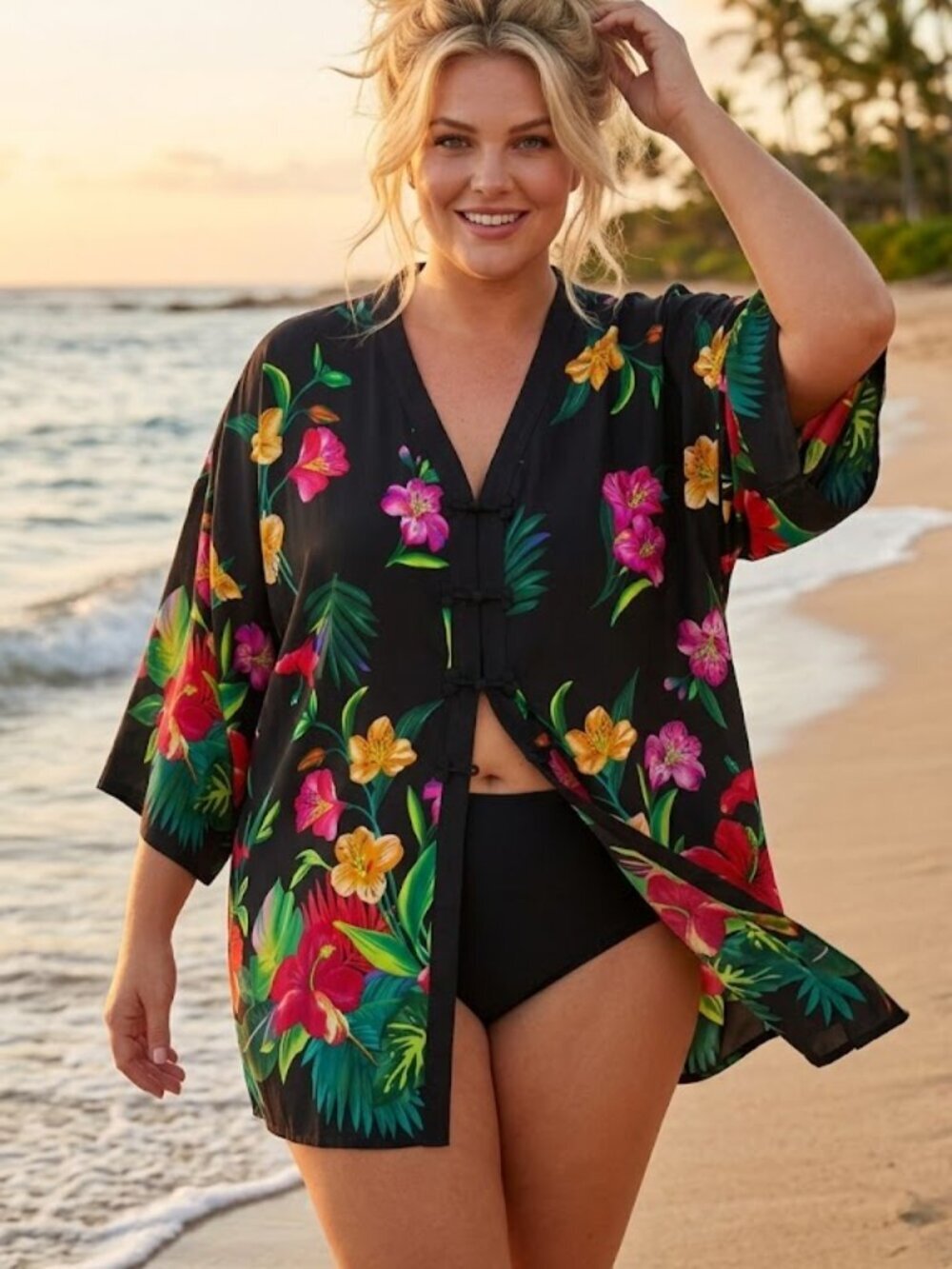Vintage Diane Gilman Hawaiian Tropical Floral Silk Kimono Tunic Top Size 3X